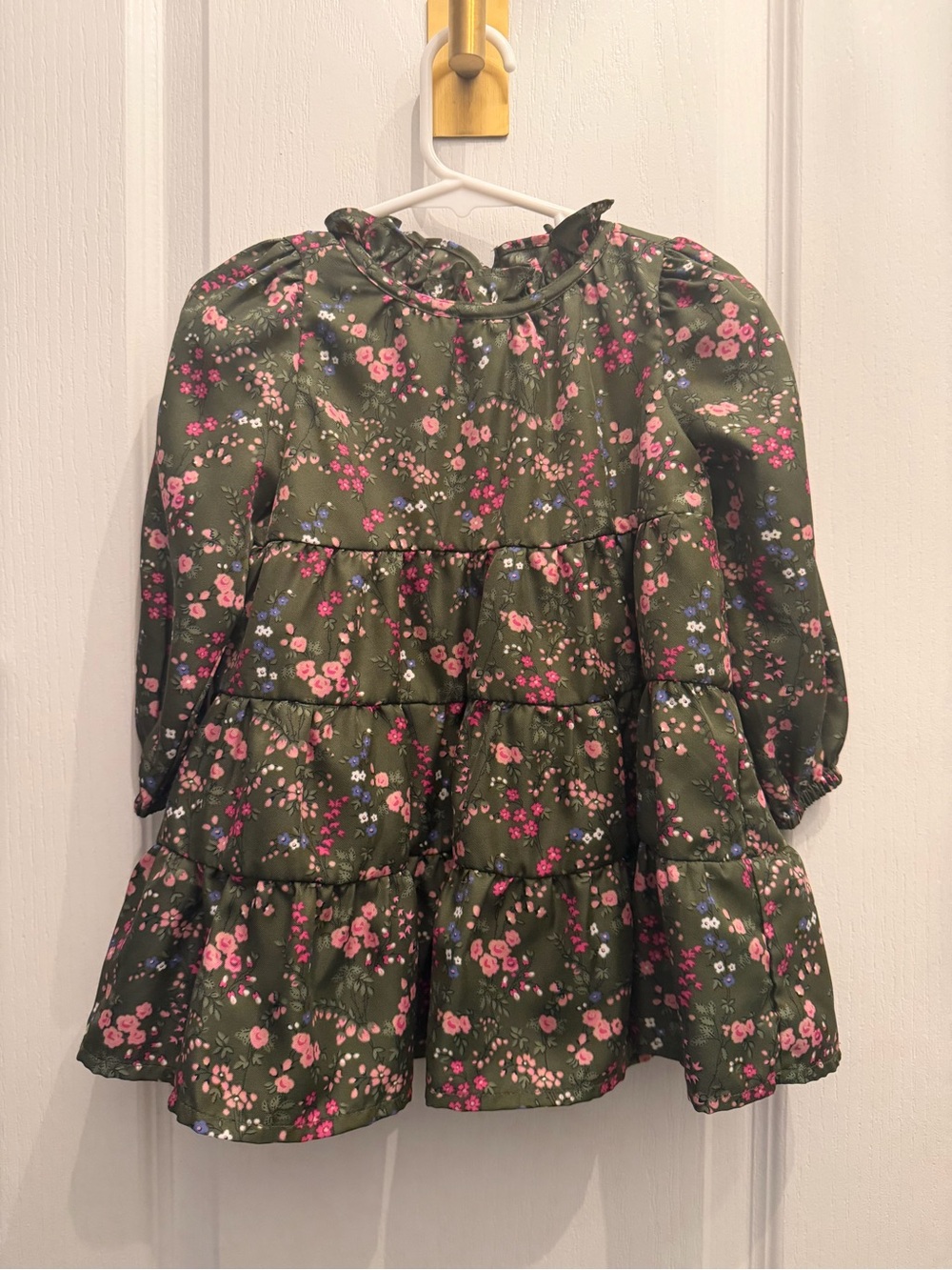 Janie and Jack Olive Green Floral Tiered Long Sleeve Dress Top